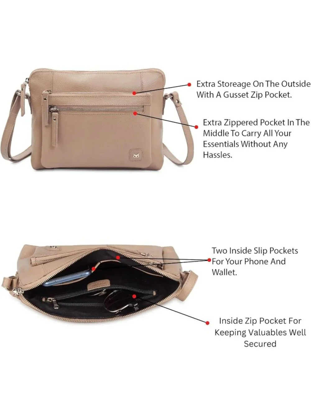 Women's Taupe Genuine Leather Sling Purse with Adjustable Strap Crossbody bag